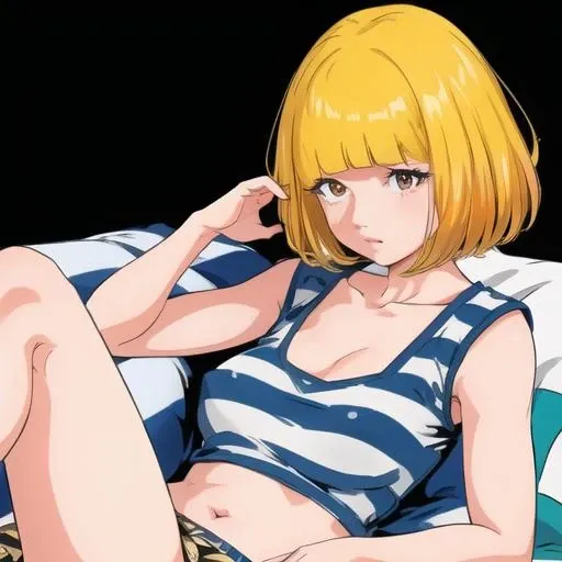 <lora:prison:1>, pr1s0n, 1girl, striped sleeveless shirt, collarbone, crop top, lying, blonde short hair, blunt bangs