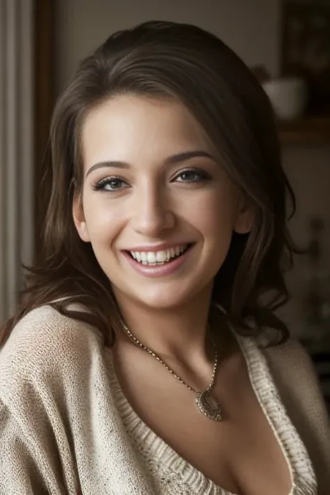 in living room kitchen in background, (masterpiece:1.1), (highest quality:1.3), (realistic:1.3), (realism, hyperrealism:1.2), hirez, Caucasian, intricate detailed skin, (high detail:1.1), sfw, wearing sweater and pants, high dynamic range, (beautiful face), directional lighting, sharp focus, (big head:1.1), <lora:janadefi:0.8> , teeth