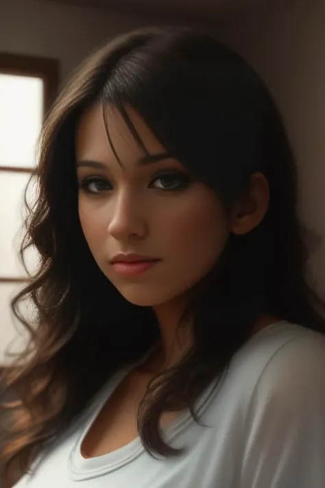 in living room kitchen in background, (masterpiece:1.1), (highest quality:1.3), (realistic:1.3), (realism, hyperrealism:1.2), hirez, Caucasian, intricate detailed skin, (high detail:1.1), sfw, wearing white t-shirt and jeans, high dynamic range, (beautiful face), directional lighting, sharp focus, (big head:1.1), <lora:janadefi:0.8>