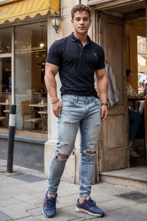 male focus, photo of YannisPaluan <lora:YannisPaluan:0.8> posing in front of a Parisian cafe, wearing a Ralph Lauren polo shirt, distressed jeans and stylish sneakers, candid shot, Natural lighting, sharp focus