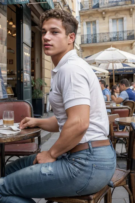 from the side, male focus, photo of YannisPaluan <lora:YannisPaluan:0.8> sitting at a table outside of a Parisian cafe, wearing a Lacoste polo shirt, distressed jeans, candid shot, Natural lighting, sharp focus, flash photography