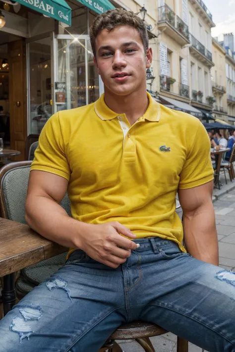 male focus, photo of YannisPaluan <lora:YannisPaluan:0.8> sitting at a table outside of a Parisian cafe, wearing a Lacoste polo shirt, distressed jeans, candid shot, Natural lighting, sharp focus, flash photography
