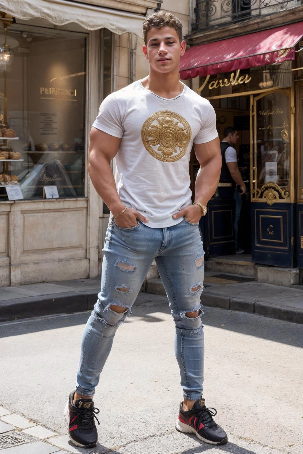 male focus, photo of YannisPaluan <lora:YannisPaluan:0.8> posing in front of a Parisian cafe, wearing a Versace shirt, distressed jeans and stylish sneakers, candid shot, Natural lighting, sharp focus, flash photography