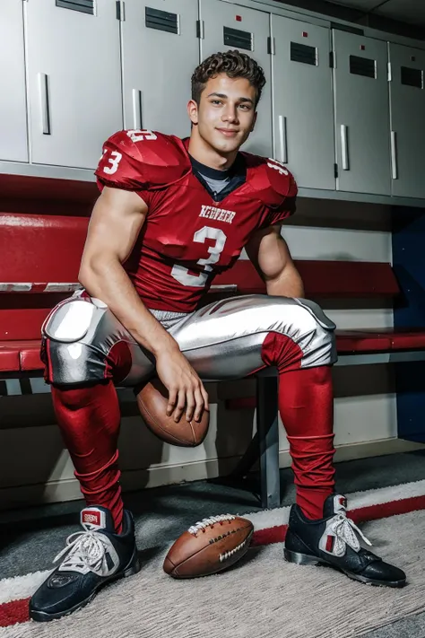 photo of ryanperson in American football lockerroom, posing next to locker, dressed as American football player, (red:0.5) uniform, (full-length sports jersey), (smirk:0.5)