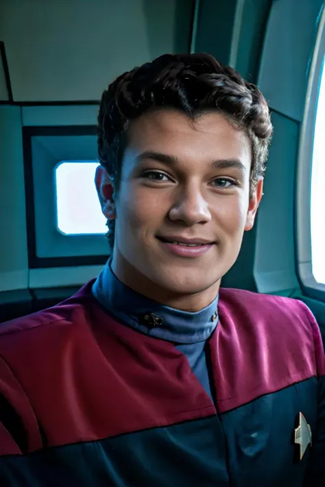 sitting at console on starship bridge, YannisPaluan wearing red voyunf uniform, slight smile, masterpiece, (((medium body portrait))), wide angle, <lora:YannisPaluan:0.75> <lora:VoyunfRefined:0.75>