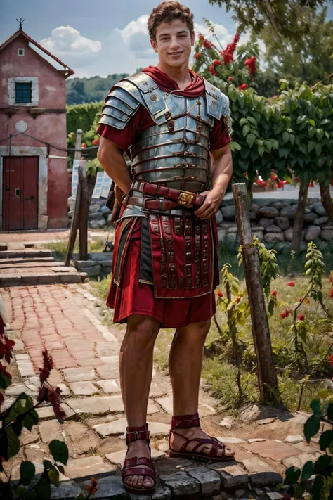 in a roman vineyard, YannisPaluan is wearing loriseg armor, (red tunic), (red shirt), (sandals), slight smile, masterpiece, (((full body portrait))), (full body), wide angle, <lora:loriseg:0.7> <lora:fantrome_v3:0.60> <lora:YannisPaluan:0.8>