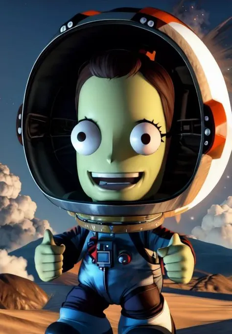 <lora:kerbal:0.8>, kerbal, full body, thumbs up, explosion in background