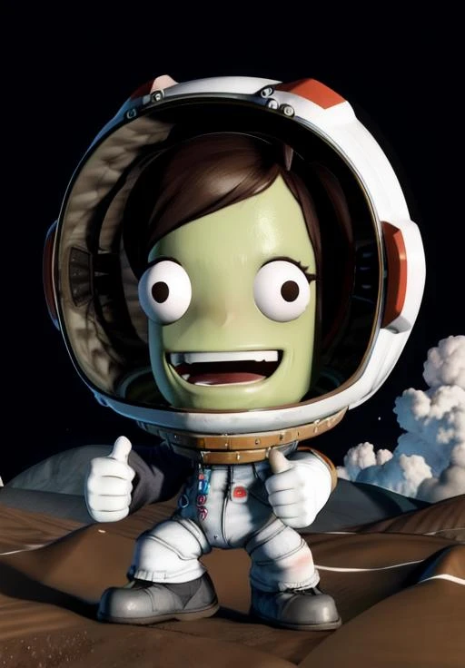 <lora:kerbal:0.8>, kerbal, full body, thumbs up, explosion in background