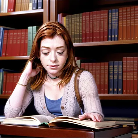 <lora:willowRosenburg:1> willowRosenburg in a library reading a book