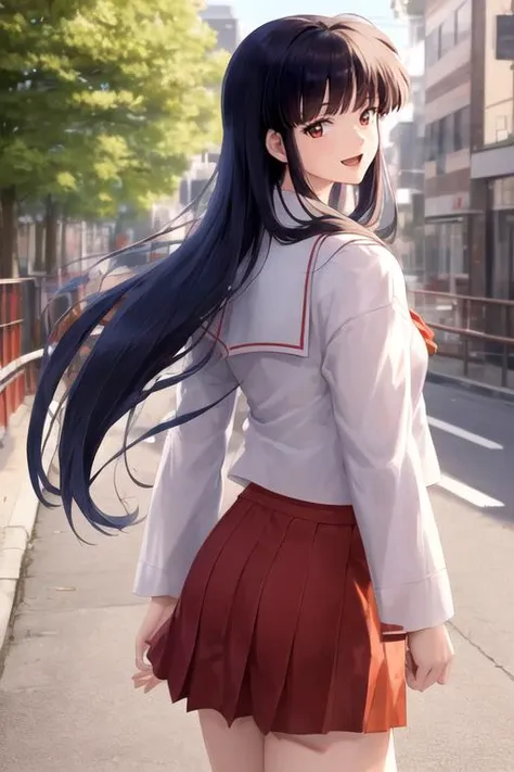 (masterpiece,best quality),kikyou \(inuyasha\), 1girl, solo,<lora:kikyou:1>,serafuku, school uniform, cowboy shot, dutch angle, smile, open mouth, walking, talking, sex from behind, looking back, street,city,outdoors,