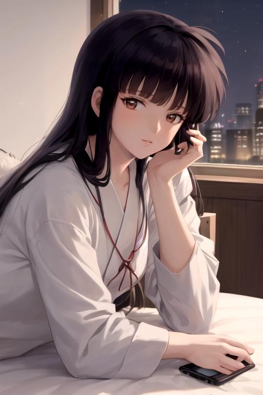 Anime girl with long black hair sitting on bed with cell phone - SeaArt AI