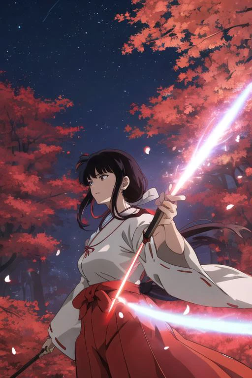 (masterpiece,best quality),kikyou \(inuyasha\), 1girl, solo,<lora:kikyou:1>, dutch angle,red hakama, miko,kimono, petals, floating hair, forest, blue and red theme,large breasts, sunlight, lens flare, light particles, looking away, from above, shiny, night,starry sky, , spider lily, disdain, disgust,fire,fighting stance, holding bow \(weapon\), light particles,