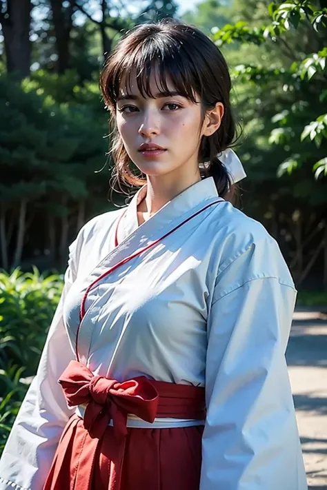 dressed, (photo realistic:1.4), (hyper realistic:1.4), (realistic:1.3), (smoother lighting:1.05), (increase cinematic lighting quality:0.9), 32K, realistic lighting, backlighting, light on face, ray trace, (brightening light:1.2), (Increase quality:1.4),
(best quality real texture skin:1.4), finely detailed eyes, finely detailed face, looking at viewer, BAR, (Increase body line mood:1.1), (Increase skin texture beauty:1.1)
<lora:kikyou:1> kikyou \(inuyasha\), japanese clothes, ((hakama skirt, red hakama)), wide sleeves, long sleeves, kimono, breasts