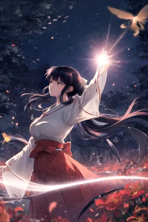 (masterpiece,best quality),kikyou \(inuyasha\), 1girl, solo,<lora:kikyou:1>, dutch angle,red hakama, miko,kimono,  petals, floating hair, forest, blue and red theme,large breasts,  lens flare, light particles, looking away, from above, shiny, (night:1.2),starry sky, , spider lily, disdain, disgust,fire,light particles, backlighting, fireflies, dancing,