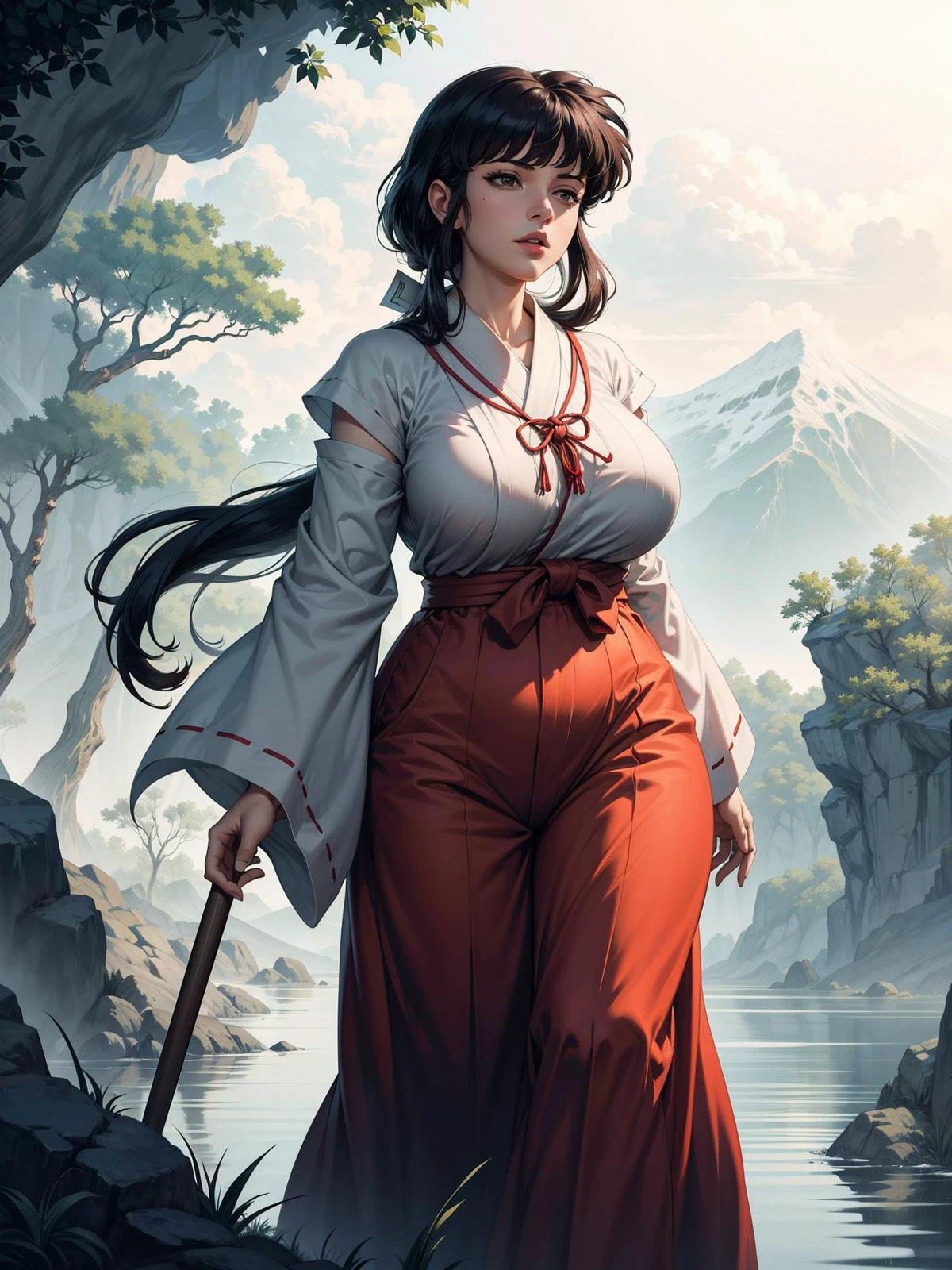 1girl, huge breasts, narrow waist, curvy, scenery, <lora:kikyou:1>, kikyou \(inuyasha\), red hakama, miko, kimono