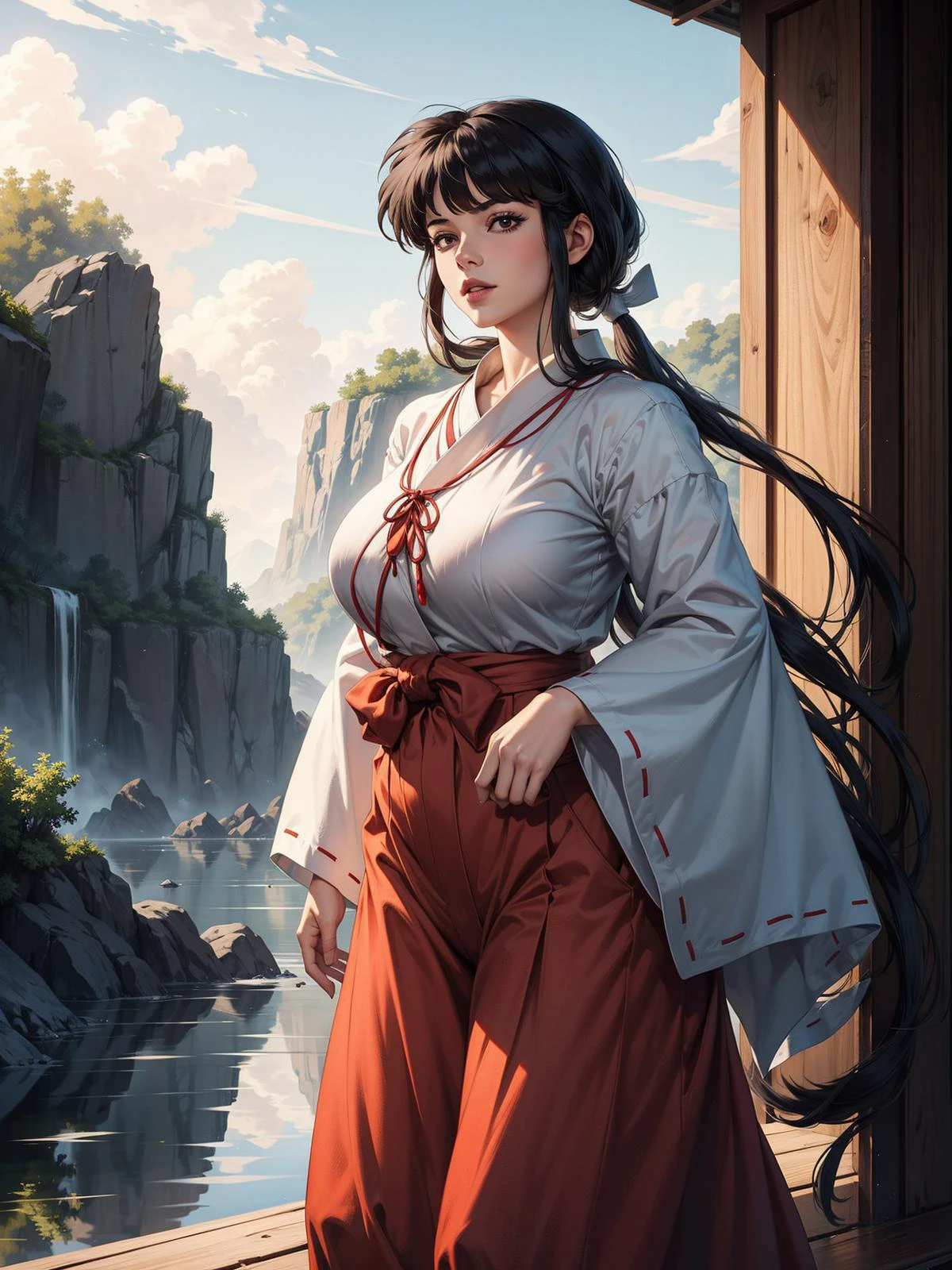 1girl, huge breasts, narrow waist, curvy, scenery, <lora:kikyou:1>, kikyou \(inuyasha\), red hakama, miko, kimono