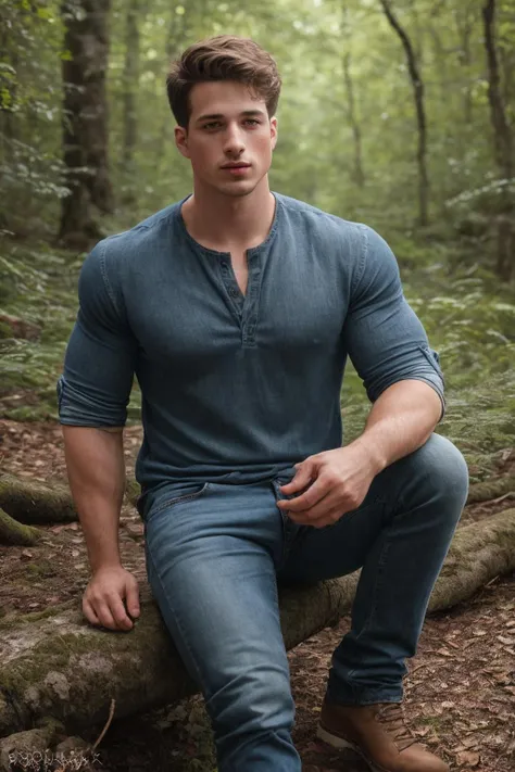1man, blond hair, blue eyes, masturbating, cum, penis, orgasm, erotic, semen, good proportions, good anatomy, detailed face, detailed hairy legs, detailed arms, hi res quality, long-sleeved dress shirt, unbuttoned, hairy chest, black shorts pulled down, kneeling, sneakers, forest trail