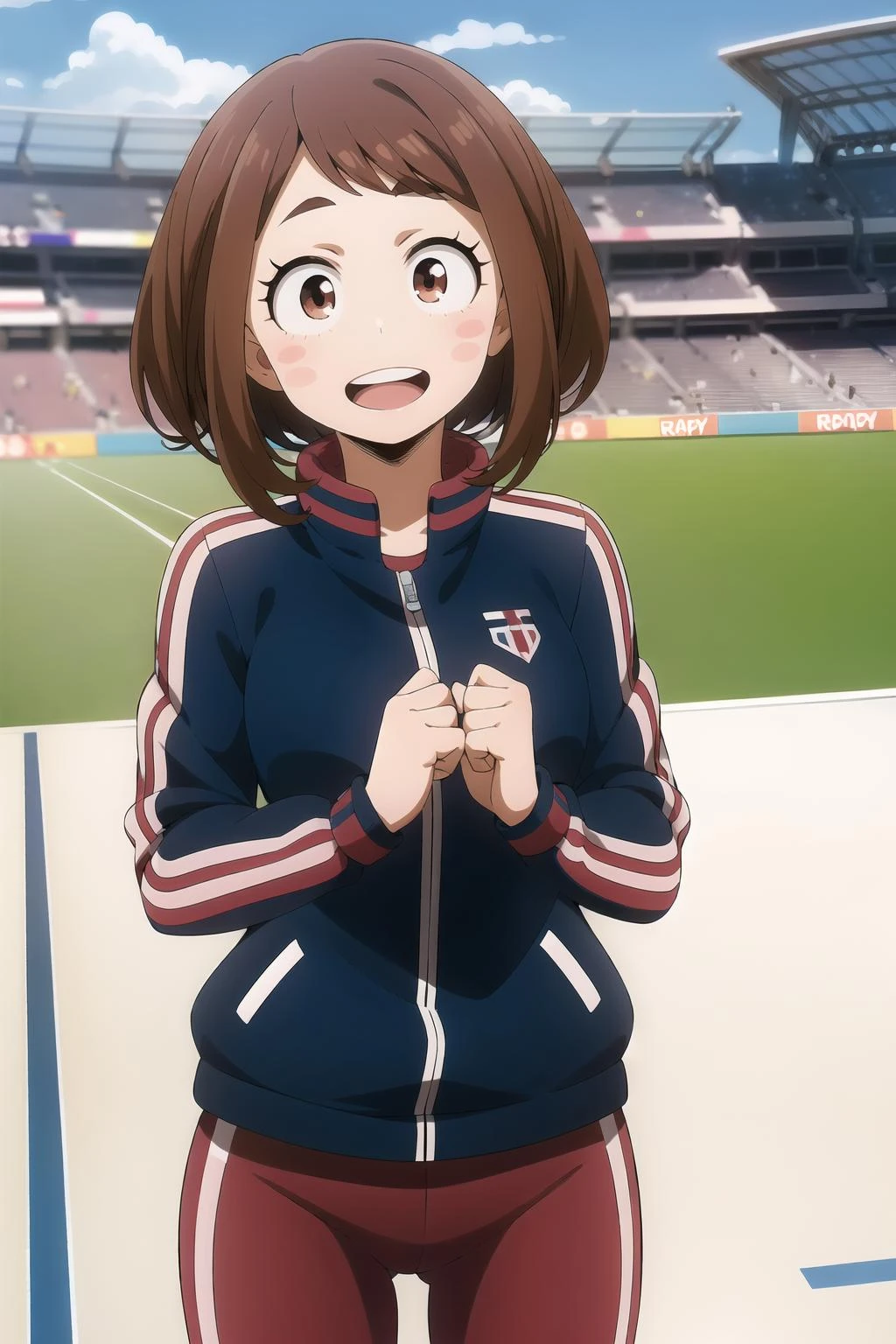 ochaco_uraraka, 1girl, smile, solo, open_mouth, blush_stickers, blush, jacket, stadium, teeth, track_jacket, :d, breasts, facing_viewer, happy, track_suit, long_sleeves, sportswear, outdoors, upper_teeth_only, wristband, day, blue_jacket