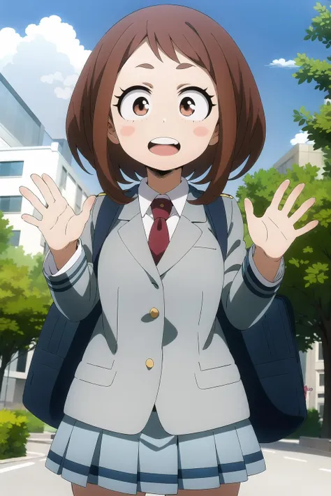 ochaco_uraraka, 1girl, u.a._school_uniform, school_uniform, solo, necktie, blush_stickers, skirt, open_mouth, looking_at_viewer, smile, red_necktie, pleated_skirt, jacket, sky, bag, day, cloud, backpack, blazer, :d, long_sleeves, teeth, shirt, grey_jacket, blue_sky, tree, collared_shirt, outdoors, white_shirt, blush, waving, green_skirt, upper_teeth_only, window, cowboy_shot, standing, cloudy_sky, hands_up