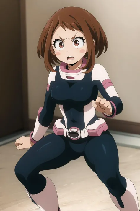 ochaco_uraraka, 1girl, blush_stickers, bodysuit, open_mouth, solo, boots, breasts, superhero, looking_at_viewer, clenched_hands, teeth, belt, rubble, blush, angry, debris, black_bodysuit, sitting, :o, indoors, high_heel_boots, v-shaped_eyebrows, blurry