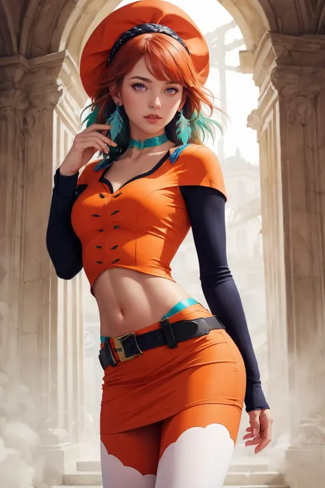 takanashi_kiara,<lora:kiara_v1:1>,1girl,standing,takanashi_kiara,purple eyes,feather earrings,orange headwear,orange shirt,orange miniskirt,midriff,navel,white thighhighs beautifully symmetrical face, elegant, highly detailed,8k, digital painting, trending on pinterest, harper's bazaar, concept art, sharp focus, illustration, golden ratio, by artgerm, Tom Bagshaw, Lawrence Alma-Tadema, greg rutkowski, alphonse Mucha