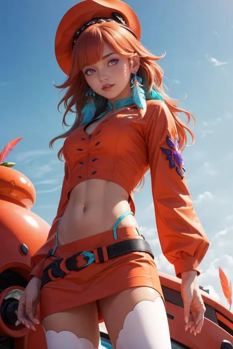 takanashi_kiara,<lora:kiara_v1:1>,1girl,standing,takanashi_kiara,purple eyes,feather earrings,orange headwear,orange shirt,orange miniskirt,midriff,navel,white thighhighs beautiful, artstation, trending on artstation, intricate details, alluring, masterpiece