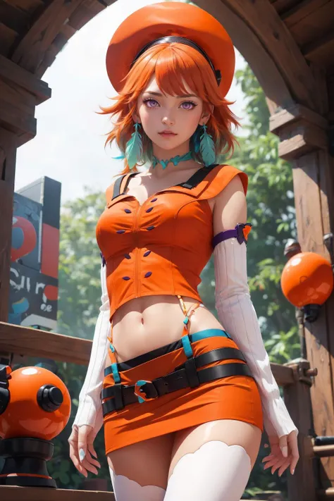 takanashi_kiara,<lora:kiara_v1:1>,1girl,standing,takanashi_kiara,purple eyes,feather earrings,orange headwear,orange shirt,orange miniskirt,midriff,navel,white thighhighs beautiful, artstation, trending on artstation, alluring, masterpiece