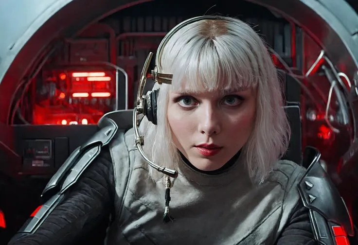 <lora:ShinHati_XL:1> eyes shaded in black, pale skin, white hair with bangs, ((showing his head, torso and arms)), dressed in a futuristic suit, sitting in the cockpit of a spaceship with a headband at forehead level behind her bangs and a microphone at mouth level, (1 girl:1), solo, looking at the cameraman. red lights, red flash, obscure lights(uncoated:1) (WITHOUT BROWN CAPE:1)
photo of the most beautiful artwork in the world, professional majestic (photography by Steve McCurry), 8k uhd, dslr, soft lighting, high quality, film grain, Fujifilm XT3 sharp focus, f 5.6, High Detail, Sharp focus, dramatic, (looking at viewer:1.2), (detailed pupils:1.3), (natural light)