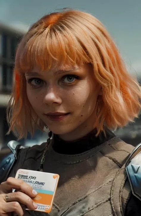 <lora:ShinHatiV2:0.8> woman, 1girl, close-up, wearing only bandages, (orange hair:1.4), futuristic city backdrop, sexy, ((full body)), real, atmospheric scene, masterpiece, best quality (detailed face, detail skin texture, ultra-detailed body), 24mm, 4k textures, soft cinematic light, outdoors, blue eyes, realistic, short hair, day, sky, blurry, blurry background, lips, (holding up an id card:1.2), smile, parted lips,