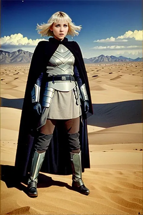 SD-PULP,
uncanny tales
real,atmospheric scene,masterpiece,best quality,
1girl,solo,armor,cape,blonde hair,
blue eyes,breastplate,short hair,day,black cape,bangs,sky,
belt,closed mouth,lips,gloves,
standing,
desert background,
<lora:ShinHatiV2:0.6>,shtyocta,