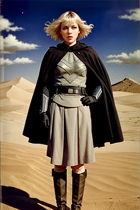 SD-PULP,
uncanny tales
real,atmospheric scene,masterpiece,best quality,
1girl,solo,armor,cape,blonde hair,
blue eyes,breastplate,short hair,day,black cape,bangs,sky,
belt,closed mouth,lips,gloves,
standing,
desert background,
<lora:ShinHatiV2:0.6>,shtyocta,