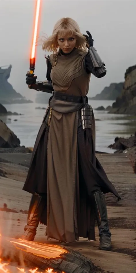 <lora:shtyocta-05:1>,shtyocta angry and beauty skinny woman dressed in sthoutfit, on lava, blond hair, holding lightsaber, sexy fighting stand <lora:sthoutfitV2:0.7> looking at cameraman