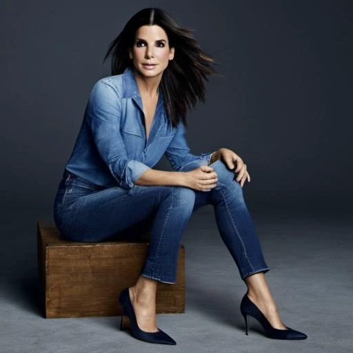 <lora:sandra_bullock_loha:1>s4ndr4, sandra bullock, 1girl, solo, denim, jeans, pants, realistic, high heels, sitting, black hair, long hair, shoes, lips