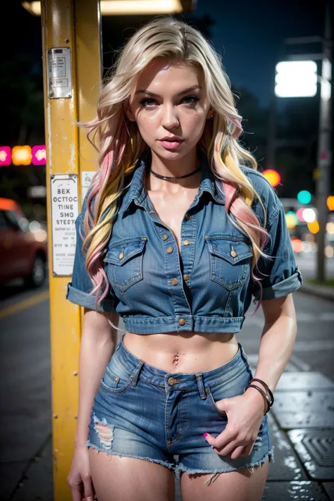 pinhole photography photo of KenzieTaylor, (wearing jean shorts, denim shorts, multicolored shirt:1.3), bus stop, upper body, neon lighting, eye level, <lora:KenzieTaylor:1>