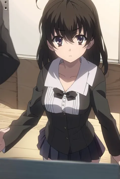 1girl, ahoge, bangs, black_hair, black_legwear, bow, bowtie, closed_mouth, eyebrows_visible_through_hair, hair_between_eyes, indoors, long_hair, long_sleeves, looking_at_viewer, panties, pleated_skirt, school_uniform, shirt, sitting, skirt, solo, thighhighs, white_shirt,(Masterpiece:1.2), Best Quality, High Resolution, Unity 8k壁纸, (illustration: 0.8), (beautiful detailed eyes:1.6), extremely detailed face, perfect lighting, extremely detailed computer graphics, (perfect hands, perfect ???????)
