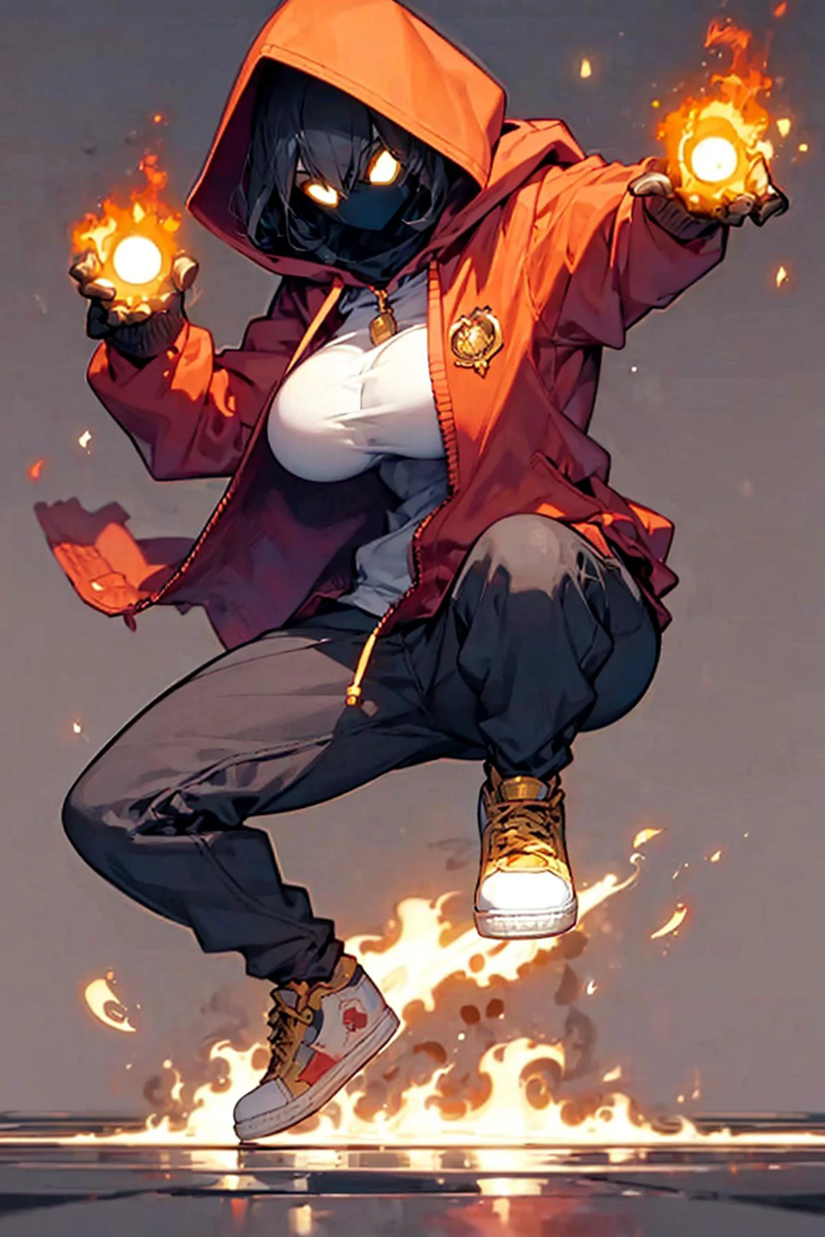 (masterpiece, best quality) <lora:WizardiQue:1> a magician in an orange opened hoodie casting a fireball,gold in the background,cool shoes,(hidden face:1.2), huge breasts