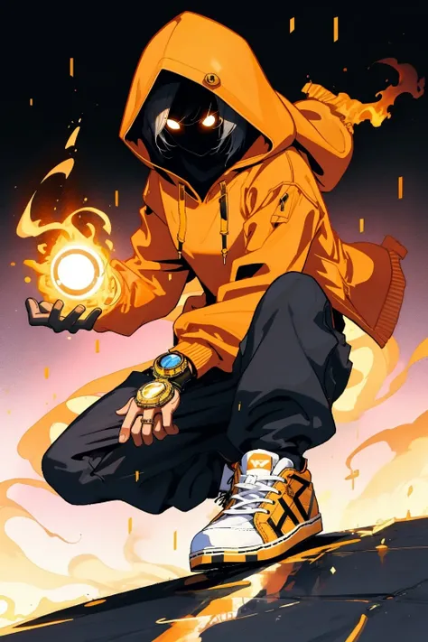 a magician in an orange hoodie casting a fireball,gold in the background,cool shoes,hidden face, <lora:WizardiQue:1>,