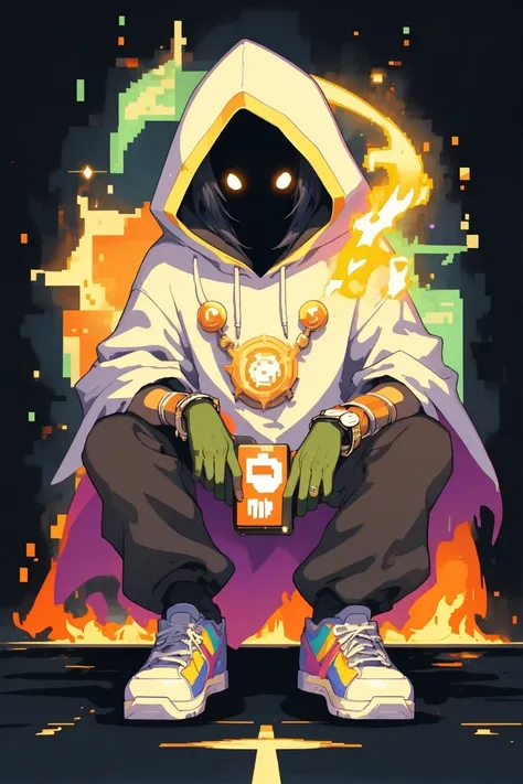 wizard ,hoodie,snickers,<lora:WizardiQue:1>,8bit,magick,fire