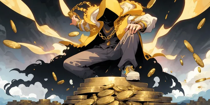 4 person,gold everywhere,coins,multiple wizards standing on mountains of gold, cool poses,<lora:WizardiQue:1>