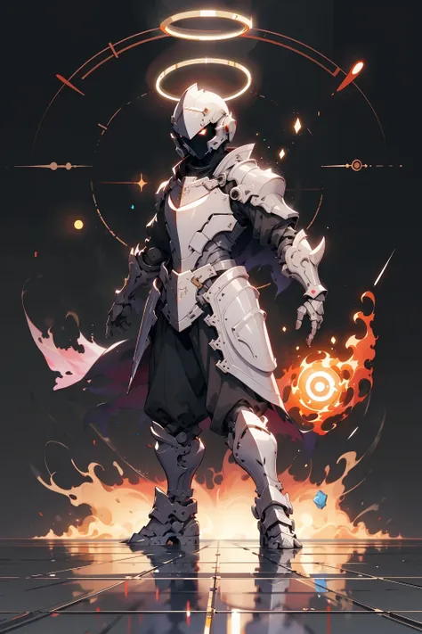 masterpiece,detailed,absurdes,a person in a full metal armor,halo,fireball,<lora:WizardiQue:1>,magic particles