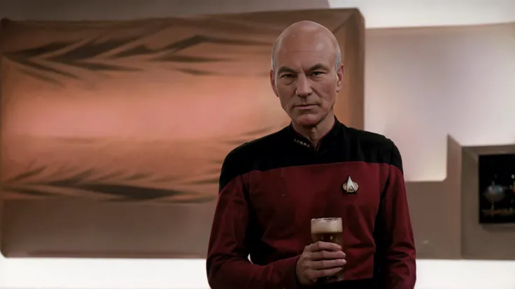 a bald captain Picard in a star trek uniform holding a glass of beer in front of a painting of a desert planet, <lora:tng-picard-n47-v1:0.8>