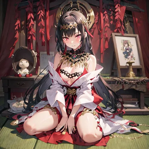 best quality, masterpiece,highres,original,1girl, japanese clothes, hair ornament, shrine,seiza, full body, hand between legs,