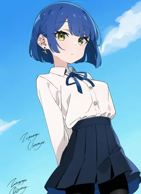 1girl, bangs, black_legwear, black_skirt, blue_background, blue_hair, blue_sky, earrings, arms_behind_back, jewelry, long_sleeves, neck_ribbon, pantyhose, pleated_skirt, ribbon, shirt, short_hair, signature, skirt, sky, solo, white_shirt, yellow_eyes, looking_at_viewer, standing,
<lora:homebrew_zetsuyochimayo:0.8>,