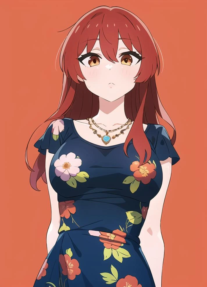 girl, standing, flower print dress, necklace, makeup, large_breasts, red_hair, shiny_skin, arms_behind_back, solo, simple_background, looking_at_viewer,
from_front, straight_on,
<lora:homebrew_zetsuyochimayo:0.7>, <lora:homebrew_bocchi_kita:0.3>