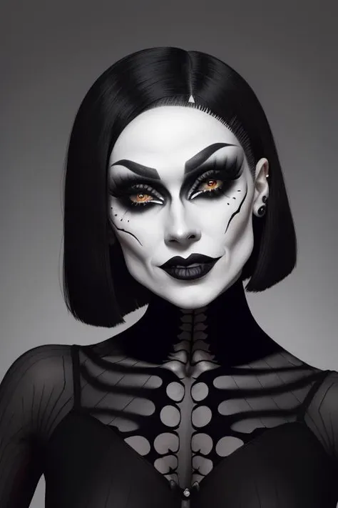closeup portrait front view digital illustration of a young woman, dramatic makeup, black lipstick, bob haircut, button eyes, drag queen, horror makeup, skeleton, spider motifs, 1girl, black_eyes, creepy smile, gradient, gradient_background, grey_background, greyscale, looking_at_viewer, monochrome, smile, solo, striped, upper_body <lora:KathyDragMug:0.5>