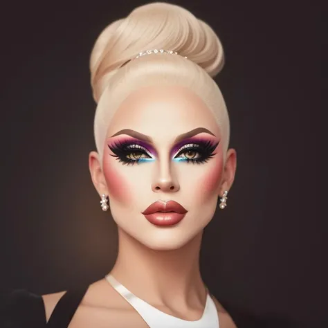 portrait digital illustration photo of a woman, drag makeup, drag queen, round lips, glossy lip, big lips, best quality, masterpiece <lora:KathyDragMug:0.6>