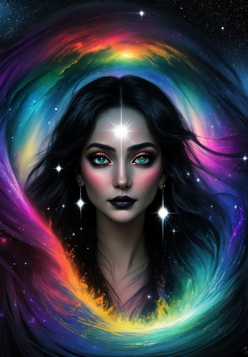 (Ultra-HD-details, discreet, emphasized-details, life-size-body, cutesie)
In a cosmos caught on canvas, she stands
Eyes like emerald stars, the universe in her hands.
Black tresses dance with stardust and night
A celestial voyager in splashes of light.
Her gaze holds the dreams of the nebulae born
In the heart of the void where the galaxies form.
Colors of creation burst forth in a wave
A spectrum of wonder, both fierce and brave.
Sheâs a portrait of power, of poise, and of peace
In her silent domain where the celestial cease.
A painter's muse, where reality bends
In her eyes, the cosmos softly blends.