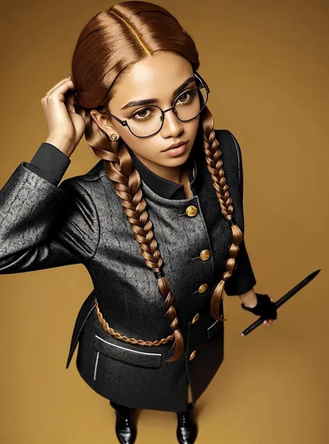 masterpiece, best quality, 1girl, full body, from above, dreadlocks hair, crew cut hair, copper hair, hair tubes, hair scrunchie hair, hair twists hair, brown eyes, tall stature, multicolor Nehru Jacket, black denim dress, bat print, glasses, spiked gloves, triangular eyewear