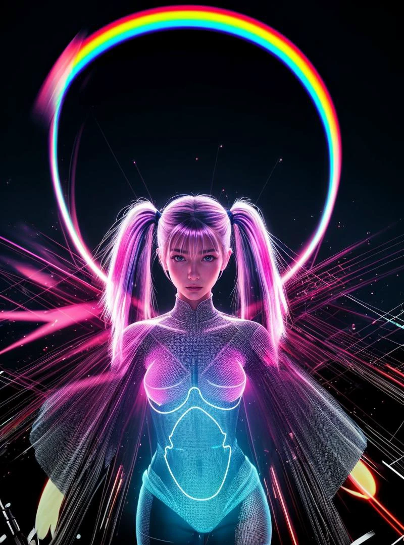 Hologram girl, hologram, no humans, outline only, wireframe, glowing wireframe, pretty girl, rainbow hologram, ð, futuristic, transparent body, void body, only outline neon tube, twintails, low twintails, fluffy hair, rainbow colors, small wings, aesthetic grid, silhouette, more_prism background, vibrant color, more_details:1.5 Break (Dutch angle, cowboy shot)
BREAK
masterpiece, RTX, ray tracing, V-Ray, Octane render, amazing sharp focus, best texture quality, best shading, realistic lighting, elaborate features, radiosity, beautiful and aesthetics, intricate aesthetics, beautiful photo, best aesthetics, photon mapping, insane reflections, chromatic aberration, perfect quality, body_unite, translucent skin, mechanical
<lora:Furtastic_Detailer:0.8> <lora:Hologram-v1:0.5> HologramCzar