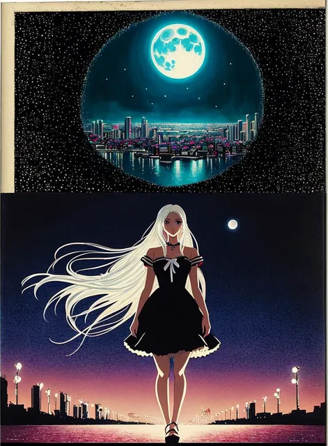 ((pop surrealism)), ((Lowbrow art)), style of Mark Ryden, (colorful), cinematic lighting, full body
1girl, long white hair, wide eyes, eyelashes, concept art, Dreampop cityscape, posing, illuminate, illumination: 0.3, night sky, (waifu, anime, best aesthetic, extremely detailed:1.2), moonlight, Volumetric Lighting, traditional media, bokeh background
